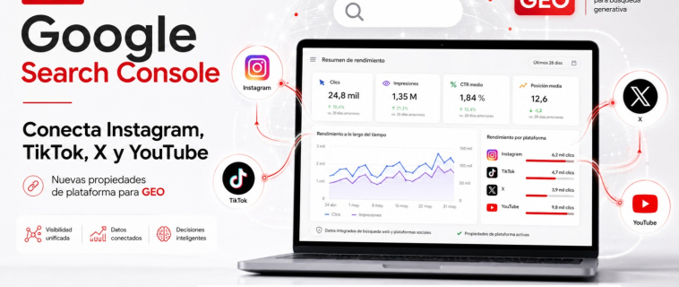 Descubre cómo conectar tus perfiles de Instagram, TikTok, X y YouTube a Google Search Console.