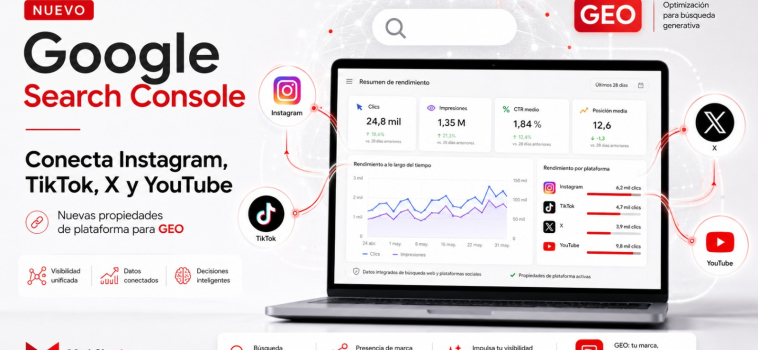 Descubre cómo conectar tus perfiles de Instagram, TikTok, X y YouTube a Google Search Console.